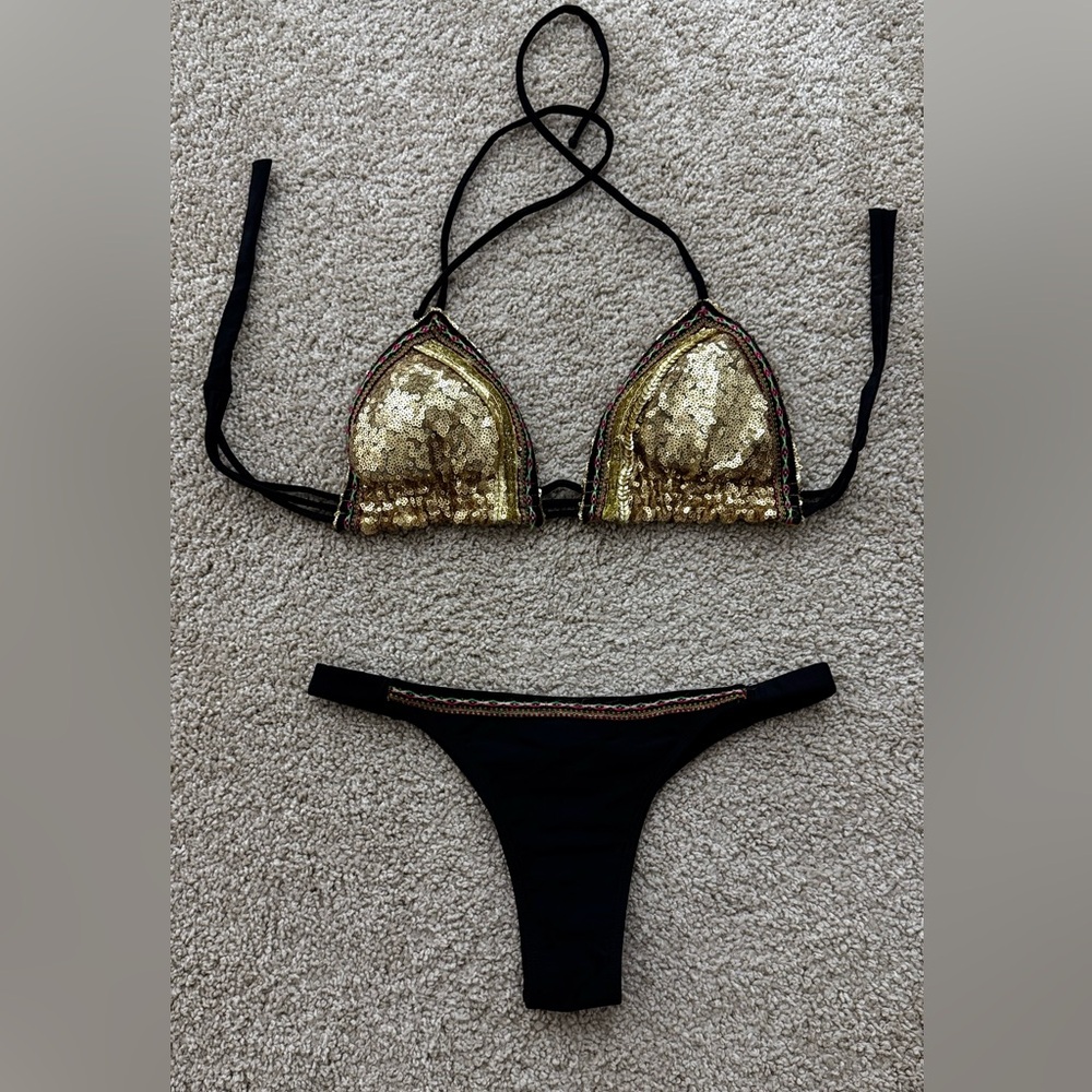 Angel De La Guarda Gold and Black Sequin Bikini Set